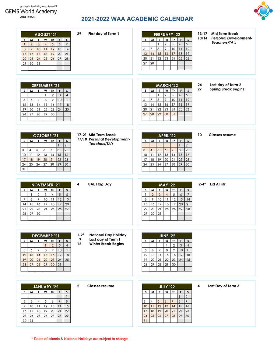 Academic Calendar at WAA